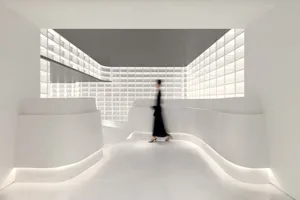 A minimalist interior design with a glass wall and curved white walls.