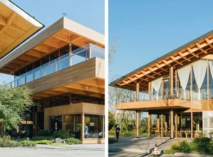 Modern outdoor cafe with wooden and glass features