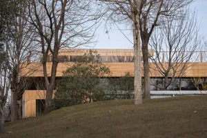 Modern residential architecture featuring wood, glass, and metal materials
