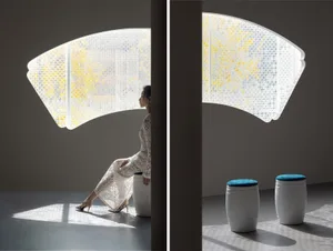 A modern interior design featuring a glass lighting panel