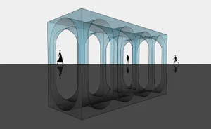 Silhouettes of people walking through an abstract architectural rendering of an interior space with arched doorways.