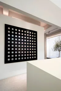 A minimalist art installation featuring a grid of small, colorful objects in a white room with a green plant.