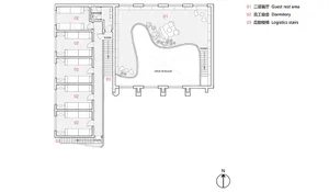 A 2D architectural floor plan showing a dormitory and logistics stairs adjacent to a guest rest area.
