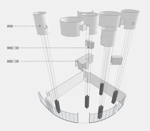 Cross-sectional diagram of an industrial structure featuring metal beams and columns.