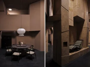 A modern restaurant interior with a circular table, white pendant lamp, and concrete walls.