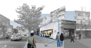 Outdoor view of a retail storefront with a concrete facade, showcasing a modern retail design.