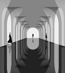 An abstract illustration of an interior space with silhouettes of figures.