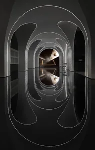 An abstract architectural interior space with concrete walls and a reflective floor.