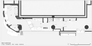 Modern office floor plan with open spaces and neutral color palette