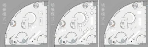 Floor plan of an office space with various functional zones and furniture arrangements.