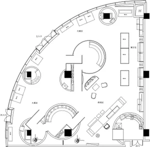 A detailed 2D layout of a showroom interior with various functional zones and display areas.