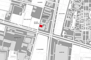 Urban city center layout with a marked red area and labeled nearby landmarks.