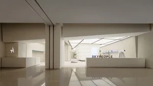 Interior view of a minimalist retail shop with white walls and floors.