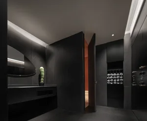 A modern bathroom with black stone walls and a cactus plant.
