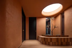 Modern interior space with concrete walls and floor, featuring a circular skylight and plants.
