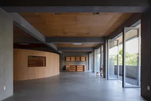 Modern living space with wooden furniture and concrete walls.