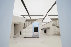 Modern retail store interior with white floor, geometric shapes, and a minimalist design.