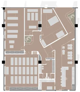 Floor plan of an office space with carpeted floors and concrete walls