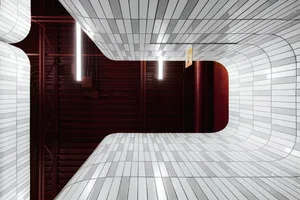A modern architectural design featuring white tiles in a curved space.