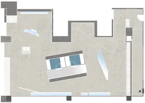 Floor plan of an office space with concrete and glass materials.