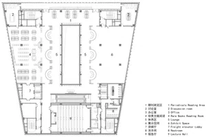 A detailed architectural drawing depicting the ground floor layout of a library, showcasing various functional zones such as 