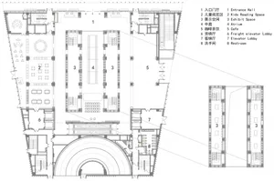 Floor plan of a library with multiple zones including children's reading area, display spaces, cafe, freight elevator lobby, 
