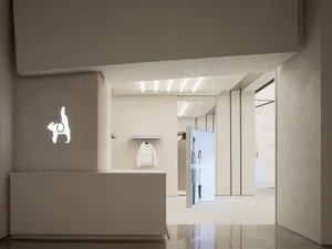 A minimalist retail storefront featuring concrete walls and a sleek, modern design.