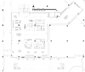2D architectural drawing of a modern commercial space with mixed materials and open layout