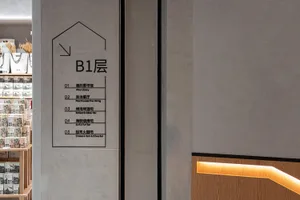 室內設計圖像，展示一面混凝土牆面，設有指示 B1 樓層特定區域的導引標誌。