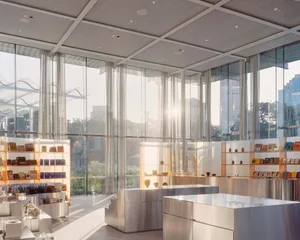 Modern retail shop with glass windows and interior design