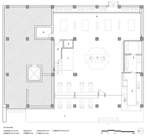 Retail shop with a central seating area, retail zones, and a kitchen.