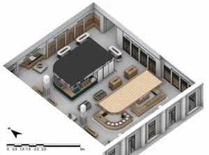 An overhead view of a retail coffee shop with a wooden floor plan.