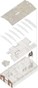 Industrial-style floor plan depicting a modern, loft-like interior with exposed steel beams and structural elements.
