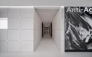 A minimalist corridor with concrete walls and flooring, featuring a large 'Anti-Ageing' artwork.