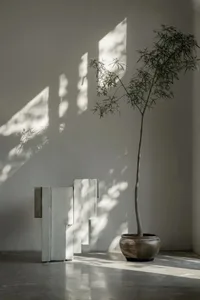 A minimalist interior space with concrete walls and flooring, featuring a potted plant and light filtering through a window.