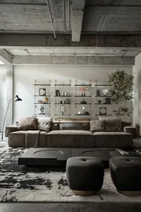 Modern industrial living room with concrete walls, floor, and shelves.
