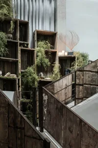 Industrial designed space with wooden and metallic elements