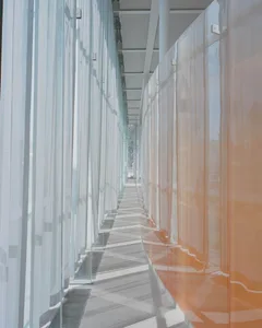 A corridor lined with sheer glass panels allowing natural light to filter through, creating a sleek and modern design.
