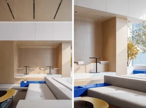 A modern minimalist office space featuring wooden elements and a clean, open design.