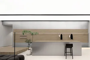 A modern office interior with a wood finish panel wall featuring minimalist design elements and functional work areas.