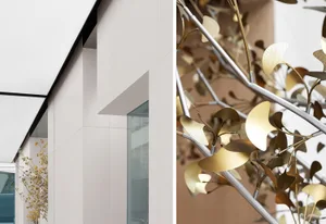 Modern interior design featuring glass walls and metallic elements