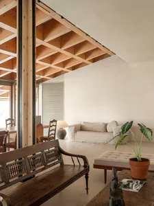 A minimalist living room with a white sofa, a wooden bench, and a coffee table with a plant.
