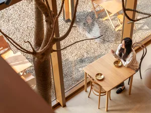 A modern coffee shop interior with a tree, wooden table and chairs, and stone flooring.