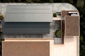 Aerial view of a modern roof panel made of metal materials.