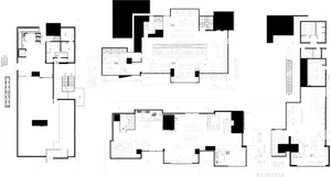 An architectural floor plan showcasing a modern commercial office with black and white color scheme and open-plan layout.