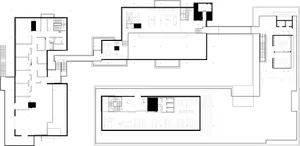 2D architectural drawing of an industrial-style office building floor plan.