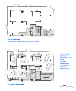 Floor plan of the ZEEKR Center showing various functional areas including vehicle display, VIP room, negotiation area, cafe, 