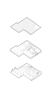 Isometric view of an office layout plan drawn on paper
