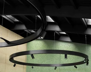 Industrial design lobby featuring metal halo lighting