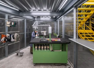 Industrial factory interior with metallic finishes and functional design